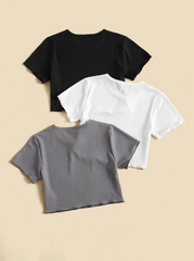 3PCS MULTICOLOR  LETTUCE TRIM RIBBED KNIT TEE
