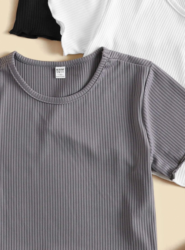 3PCS MULTICOLOR  LETTUCE TRIM RIBBED KNIT TEE
