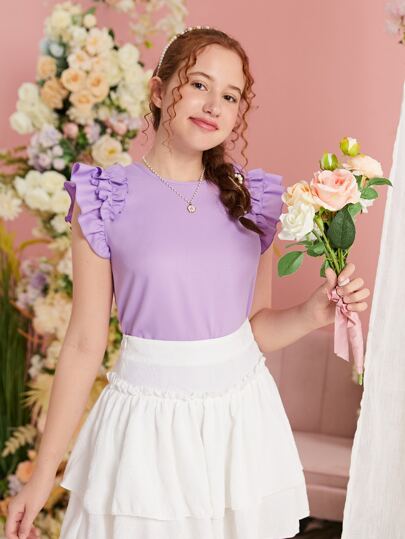 LILAC RUFFLE SLEEVE KEYHOLE BACK BLOUSE