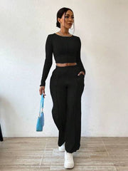 SOLID CROP TEE & ELASTIC WAIST PANTS