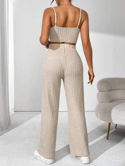 RIBBED CAMISOLE TANK TOP AND PANTS TWO-PIECE SET