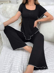 WOMEN COLOR-BLOCKED HOME SUIT WITH LACE EDGES AND ARC-SHAPED HEM
