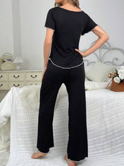WOMEN COLOR-BLOCKED HOME SUIT WITH LACE EDGES AND ARC-SHAPED HEM