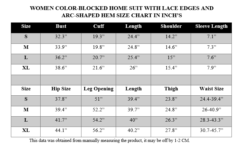 WOMEN COLOR-BLOCKED HOME SUIT WITH LACE EDGES AND ARC-SHAPED HEM