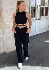 BLACK MOCK NECK CRISSCROSS TIE BACK TANK TOP & SEAM DETAIL TROUSERS