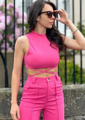 HOT PINK MOCK NECK CRISSCROSS TIE BACK TANK TOP & SEAM DETAIL TROUSERS