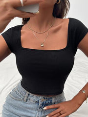 SQUARE NECK RIB-KNIT FORM FITTED CROP TEE