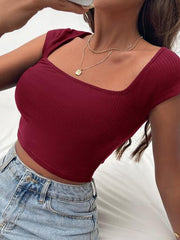 SQUARE NECK RIB-KNIT FORM FITTED CROP TEE