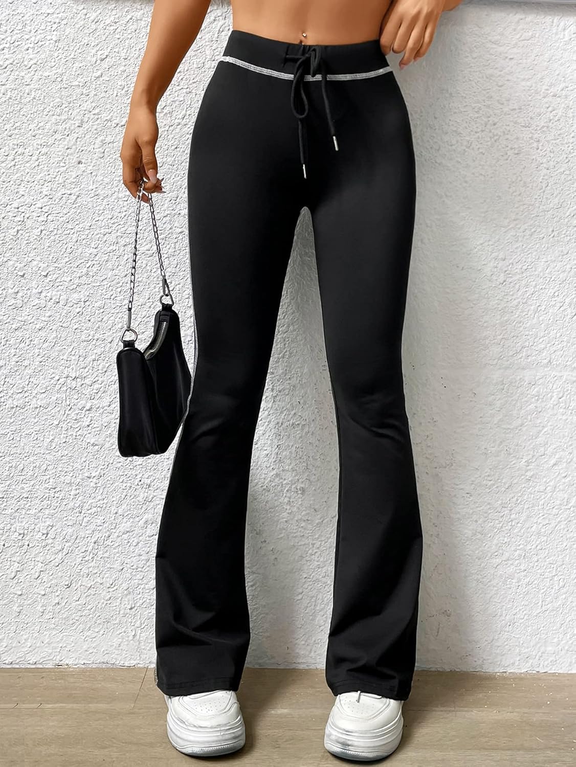 BLACK CONTRAST DRAWSTRING WAIST FLARE LEG PANT