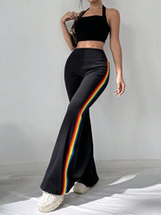 HIGH WAIST FLARE PANTS WITH RAINBOW SIDE STRIPES