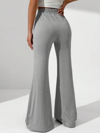 GREY SOLID DRAWSTRING WAIST POCKET FLARE PANTS