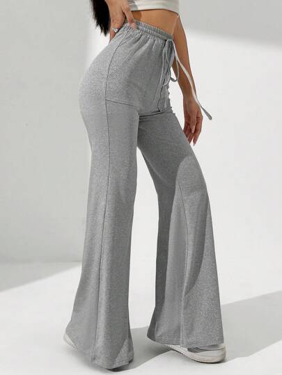 GREY SOLID DRAWSTRING WAIST POCKET FLARE PANTS