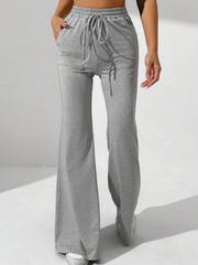 GREY SOLID DRAWSTRING WAIST POCKET FLARE PANTS