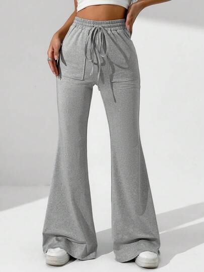 GREY SOLID DRAWSTRING WAIST POCKET FLARE PANTS