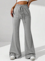 GREY SOLID DRAWSTRING WAIST POCKET FLARE PANTS