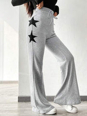 GREY HIGH-WAISTED TIE FLARED PANTS WITH STAR PATCHWORK