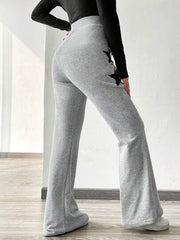 GREY HIGH-WAISTED TIE FLARED PANTS WITH STAR PATCHWORK