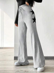 GREY HIGH-WAISTED TIE FLARED PANTS WITH STAR PATCHWORK