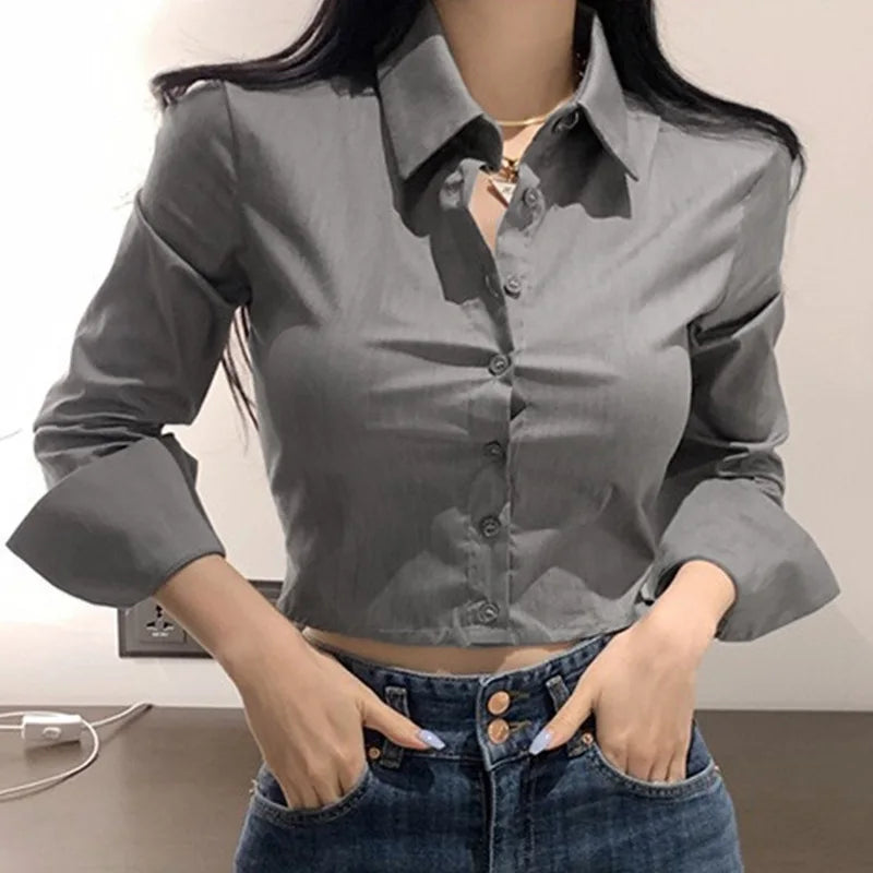 GREY SOLID BUTTON FRONT CROP SHIRT
