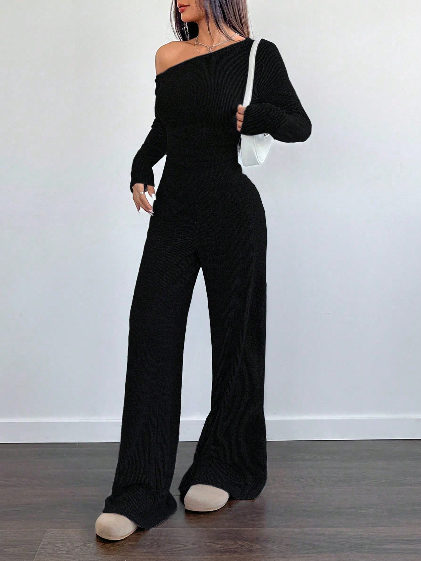 WOMEN'S ASYMMETRICAL NECK PLUSH T-SHIRT AND WIDE LEG CASUAL PANTS 2-PIECE SET