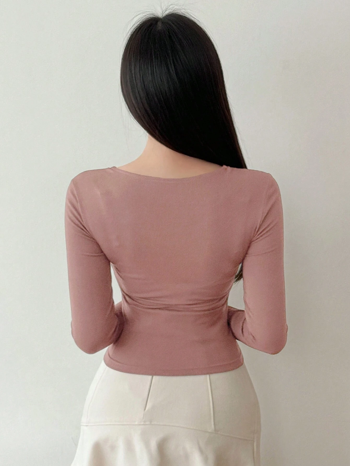 WOMEN'S SOLID COLOR SWEETHEART NECK LONG SLEEVE CASUAL RIBBED T-SHIRT