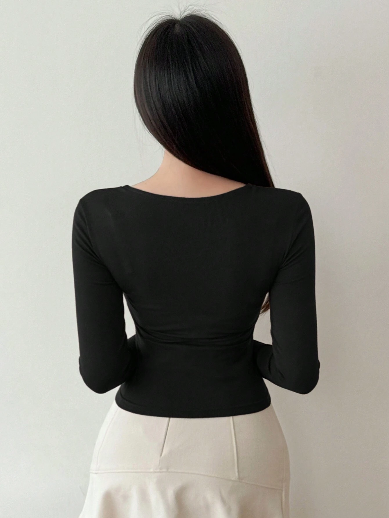 WOMEN'S SOLID COLOR SWEETHEART NECK LONG SLEEVE CASUAL RIBBED T-SHIRT