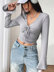WOMEN'S SOLID COLOR TIE FRONT CROPPED T-SHIRT WITH FLARE SLEEVES