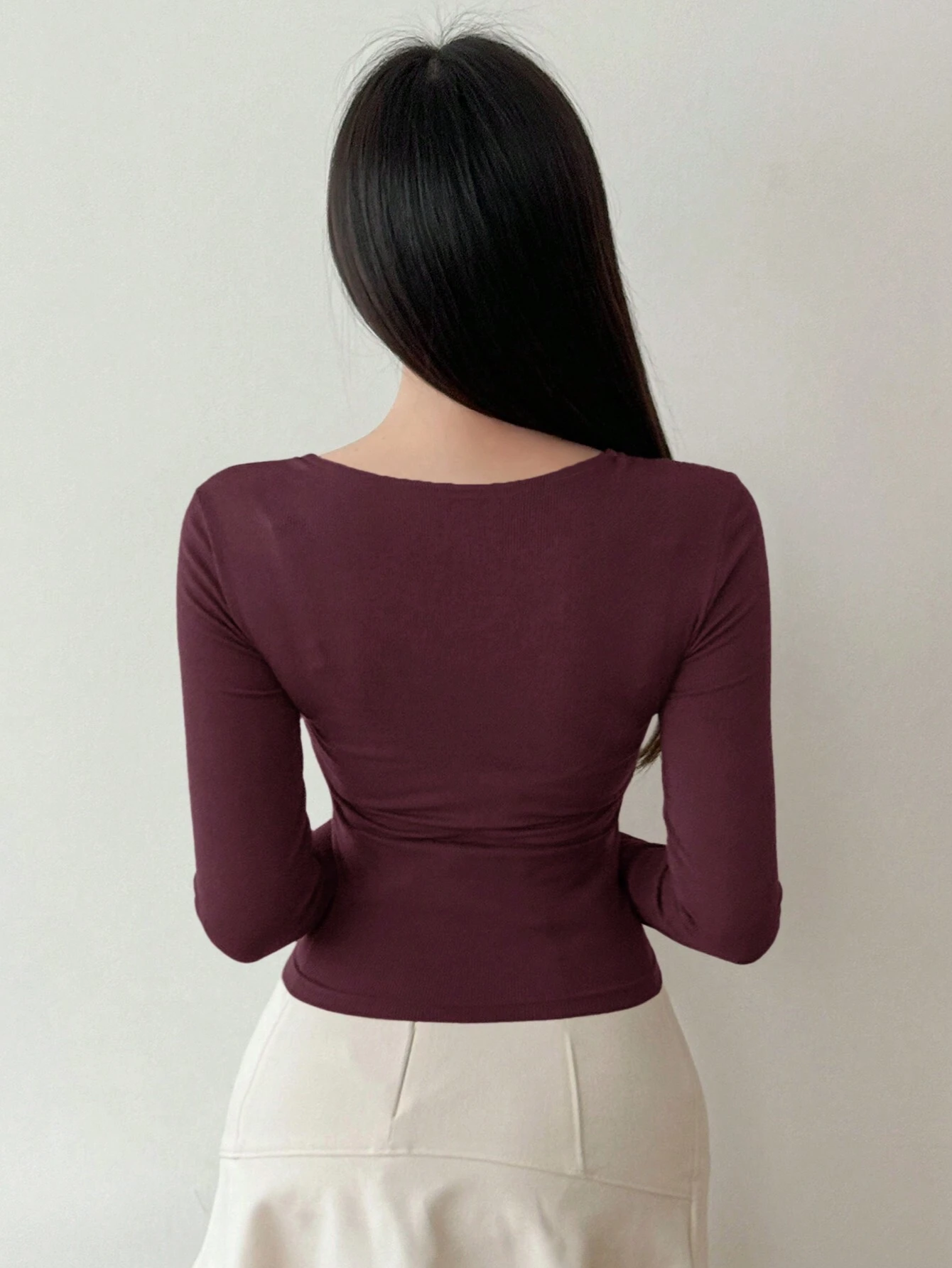 WOMEN'S SOLID COLOR SWEETHEART NECK LONG SLEEVE CASUAL RIBBED T-SHIRT