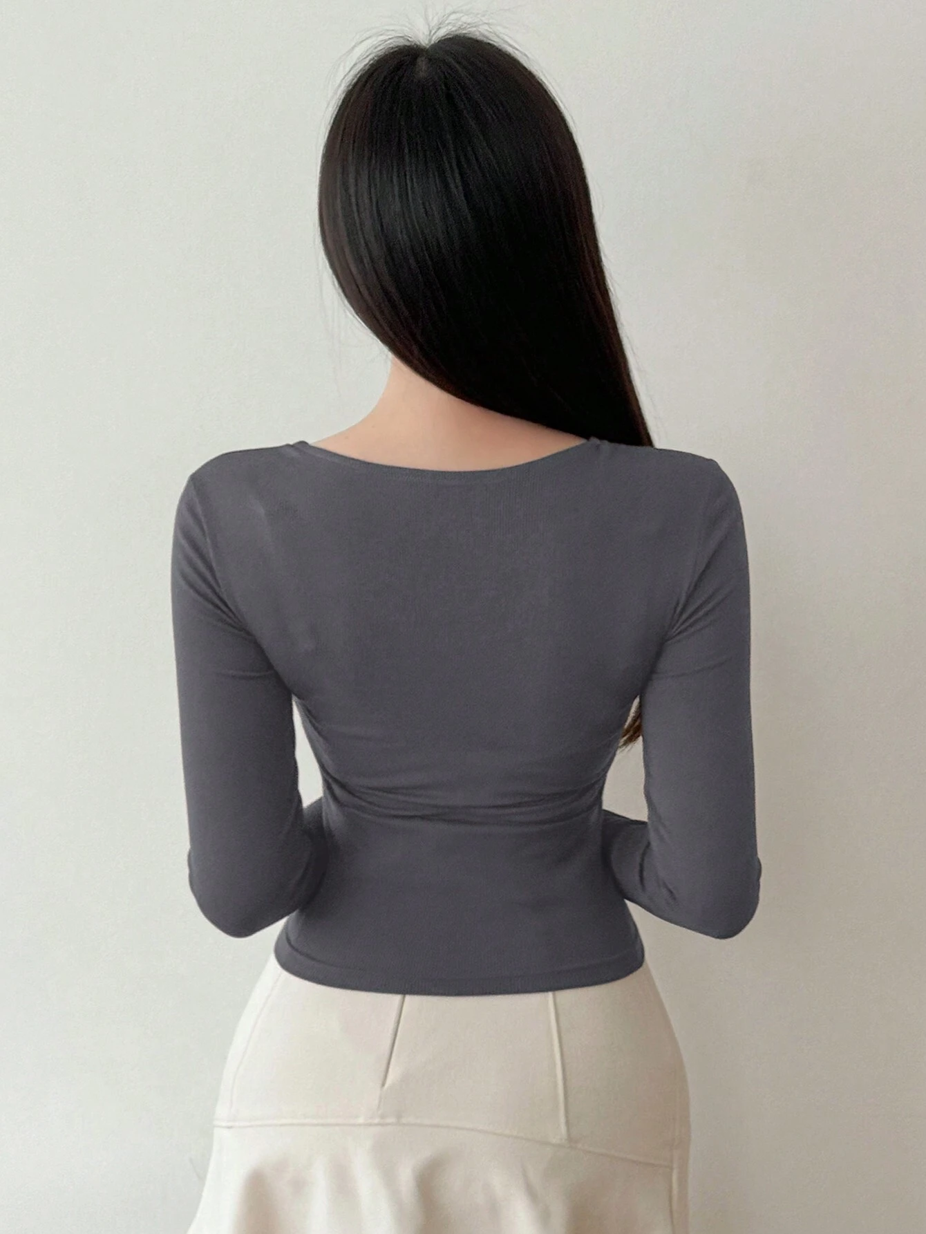 WOMEN'S SOLID COLOR SWEETHEART NECK LONG SLEEVE CASUAL RIBBED T-SHIRT