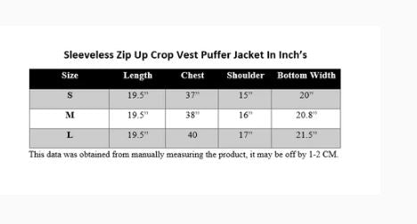 SLEEVELESS ZIP UP CROP VEST PUFFER JACKET
