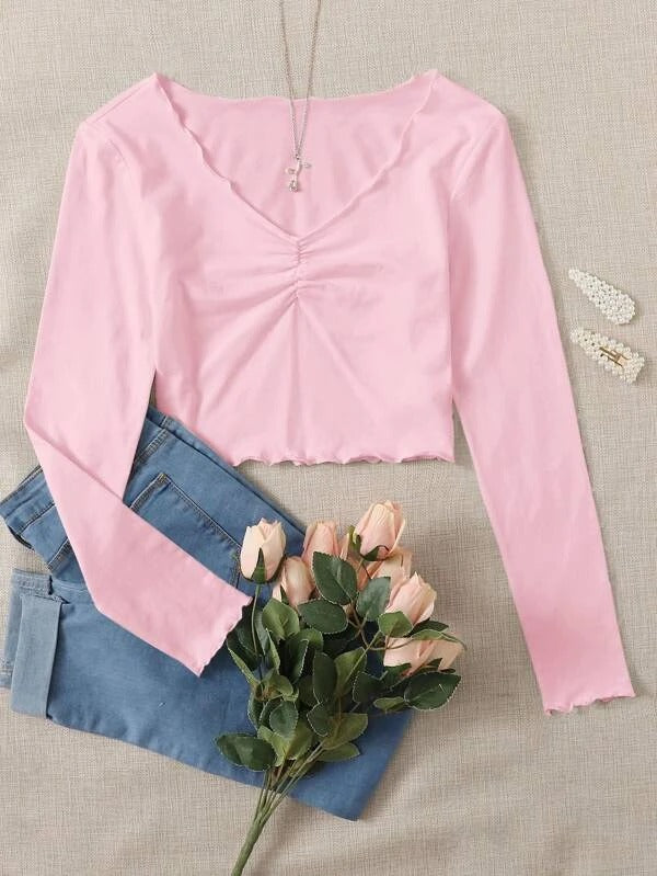 RUCHED LETTUCE-EDGE CROPPED TEE BABY PINK