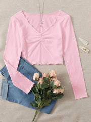 RUCHED LETTUCE-EDGE CROPPED TEE BABY PINK