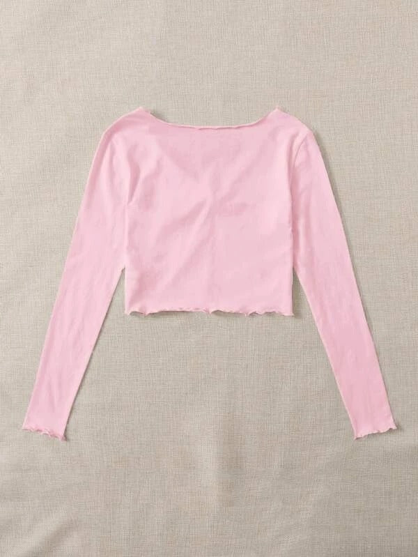 RUCHED LETTUCE-EDGE CROPPED TEE BABY PINK