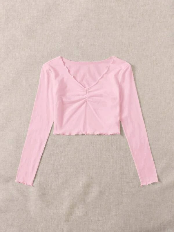 RUCHED LETTUCE-EDGE CROPPED TEE BABY PINK