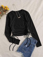DRAWSTRING RUCHED SOLID FULL SLEEVE TEE-BLACK