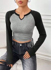 DRAWSTRING RUCHED CONTRASTING RAGLAN SLEEVE SLIM FIT T-SHIRT