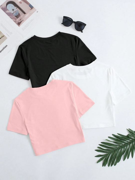 3PCS SOLID CROP ROUND NECK SHORT SLEEVE CASUAL T-SHIRTS