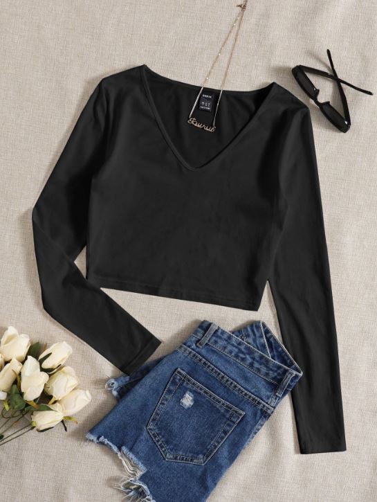 SOLID V NECK CROP TEE