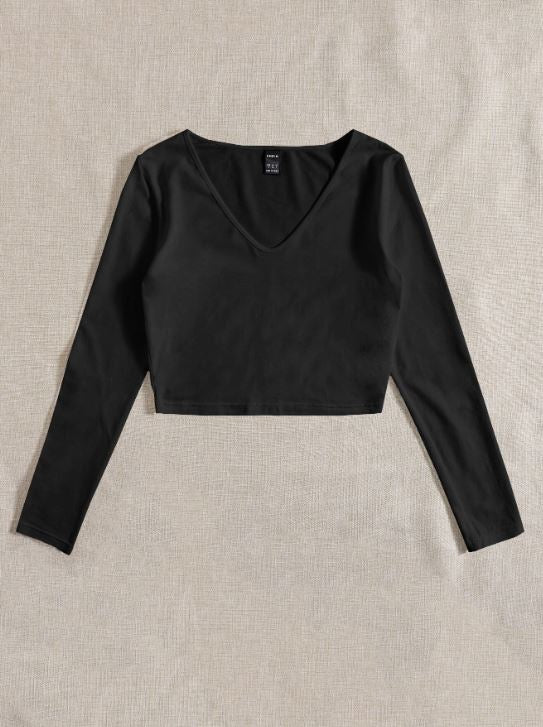 SOLID V NECK CROP TEE