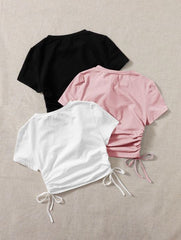 MULTICOLOR 3PCS DRAWSTRING SIDE ROUND NECK T-SHIRTS