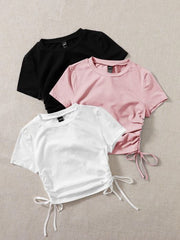 DRAWSTRING SIDE ROUND NECK T-SHIRT