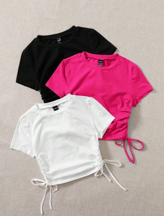 MULTICOLOR 3PCS DRAWSTRING SIDE ROUND NECK T-SHIRTS