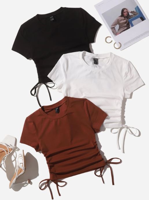 DRAWSTRING SIDE ROUND NECK T-SHIRT