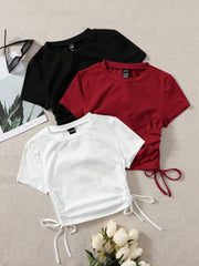 DRAWSTRING SIDE ROUND NECK T-SHIRT