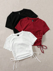 MULTICOLOR 3PCS DRAWSTRING SIDE ROUND NECK T-SHIRTS