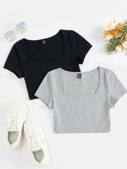 2PCS SCOOP NECK SOLID TEE
