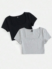 2PCS SCOOP NECK SOLID TEE