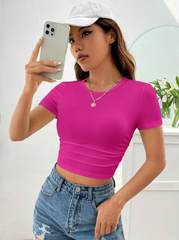 Women Solid Ruched Crop Tee