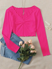 RUCHED LETTUCE-EDGE CROPPED-FUCHSIA PINK