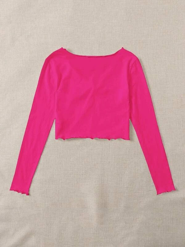 RUCHED LETTUCE-EDGE CROPPED-FUCHSIA PINK